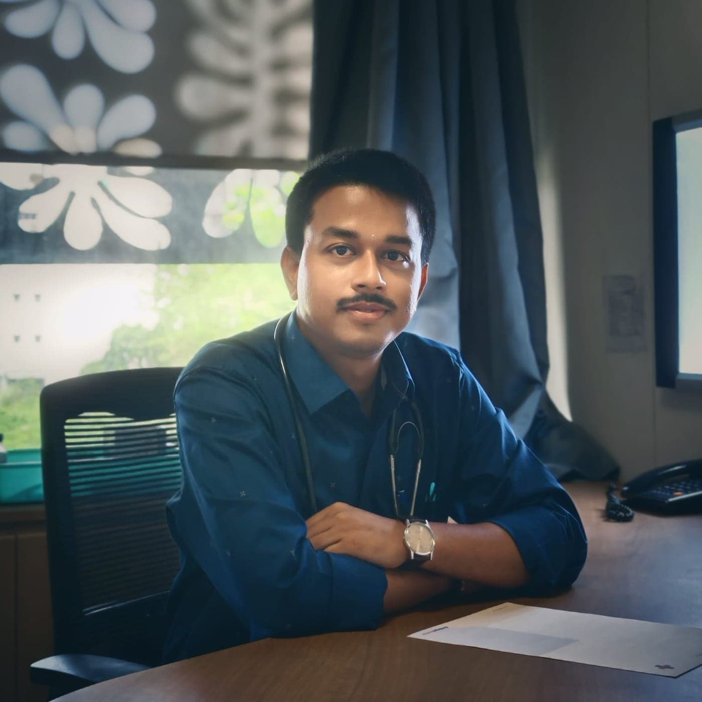 Dr. Sayan Banerjee at his consulting desk with a stethoscope, beside a window.