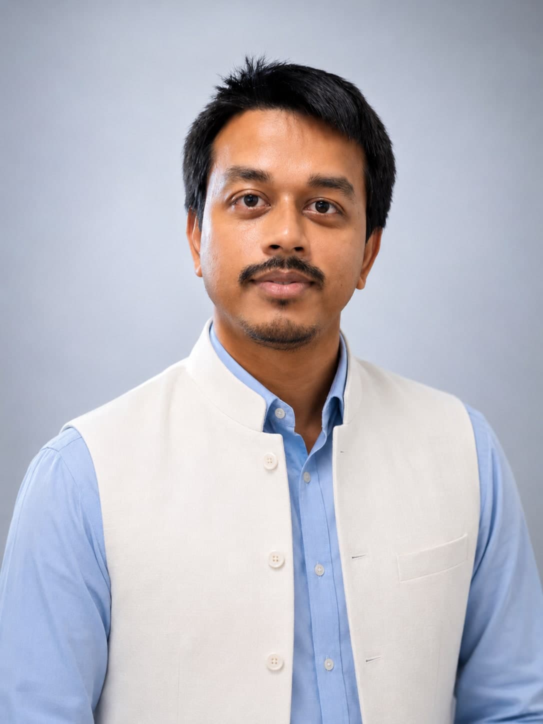 Dr. Sayan Banerjee, paediatric endocrinologist, in a light Nehru jacket over a blue shirt.